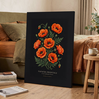 Poppies After Dark, black, green, orange floral wall art on canvas displayed in a styled interior, gallery view 2