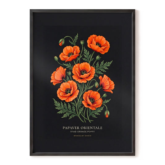 Poppies After Dark, black, green, orange floral wall art, front artwork view