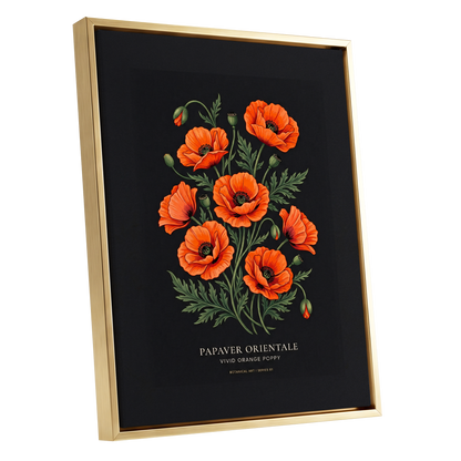 Poppies After Dark, black, green, orange floral wall art shown as a gold framed canvas wall art