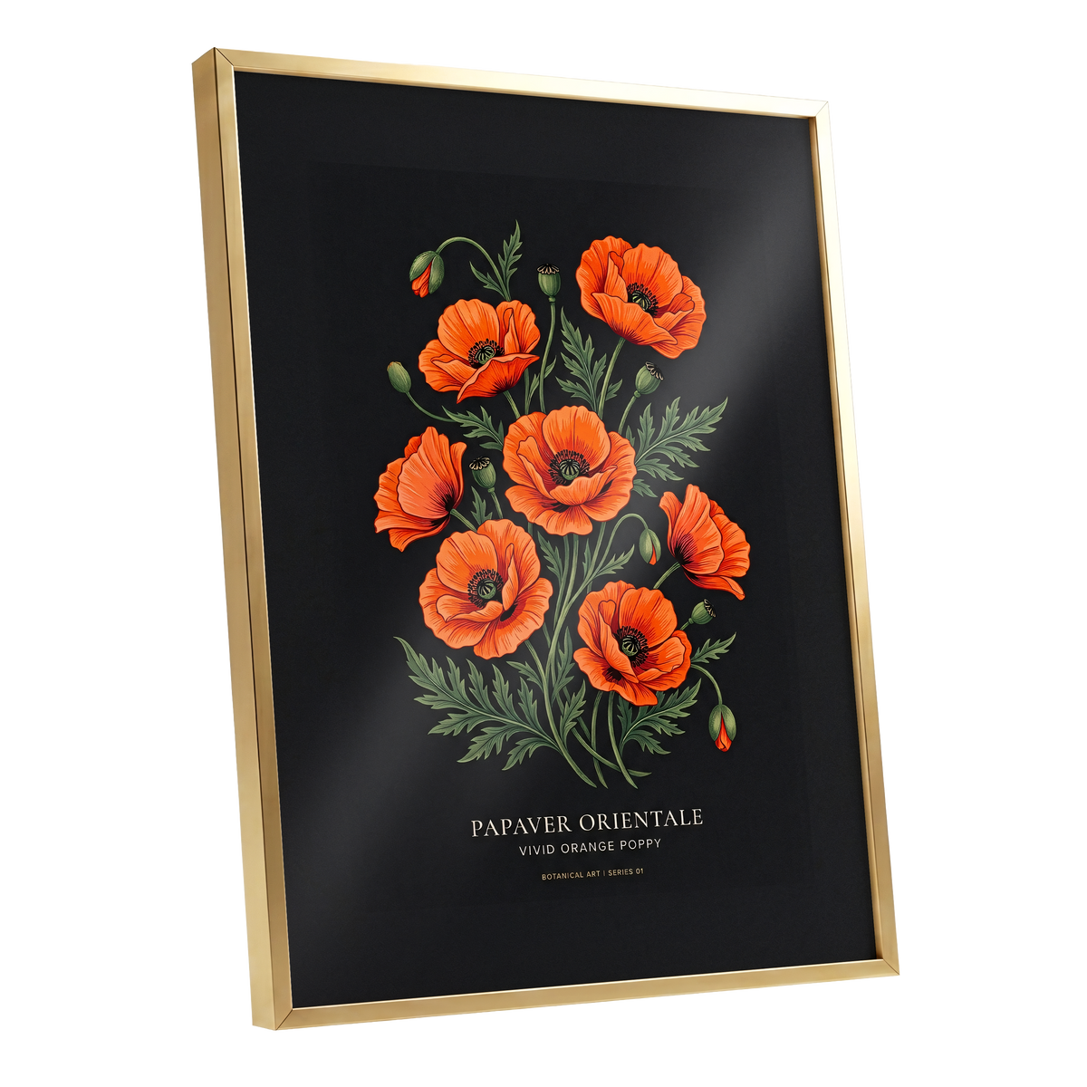 Poppies After Dark, black, green, orange floral wall art shown as a gold framed poster wall art print