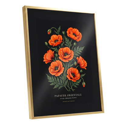 Poppies After Dark, black, green, orange floral wall art shown as a gold framed poster wall art print