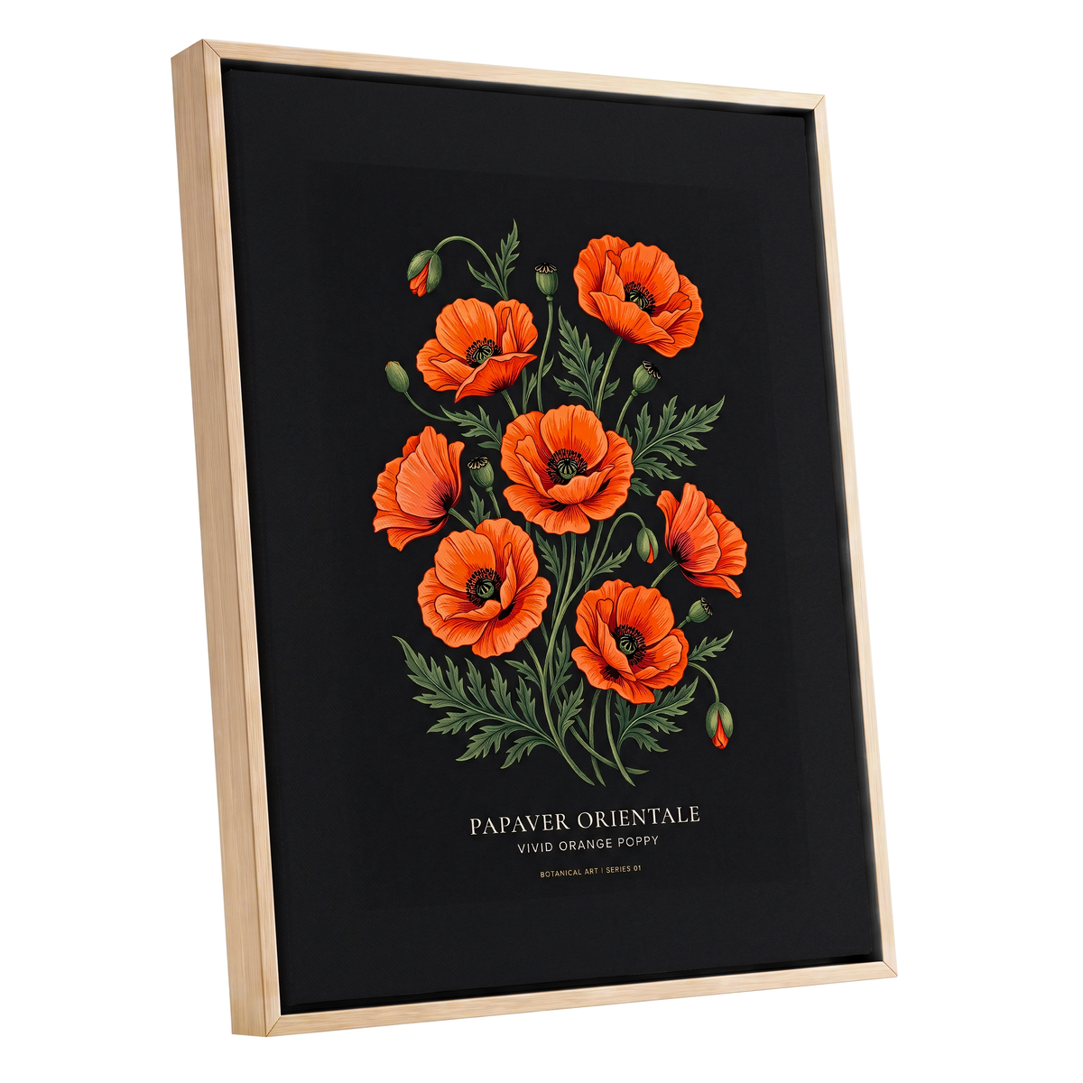 Poppies After Dark, black, green, orange floral wall art shown as a oak framed canvas wall art