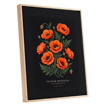 Poppies After Dark, black, green, orange floral wall art shown as a oak framed canvas wall art