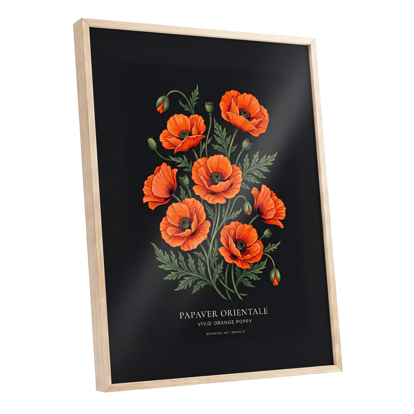 Poppies After Dark, black, green, orange floral wall art shown as a oak framed poster wall art print