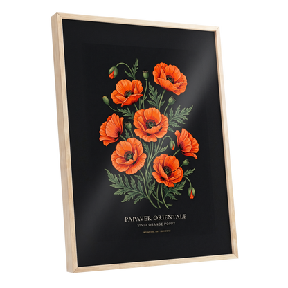 Poppies After Dark, black, green, orange floral wall art shown as a oak framed poster wall art print