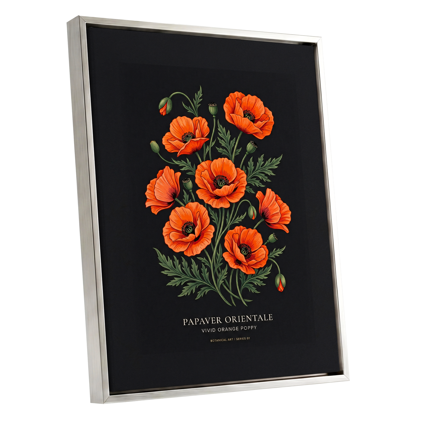 Poppies After Dark, black, green, orange floral wall art shown as a silver framed canvas wall art