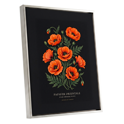Poppies After Dark, black, green, orange floral wall art shown as a silver framed canvas wall art