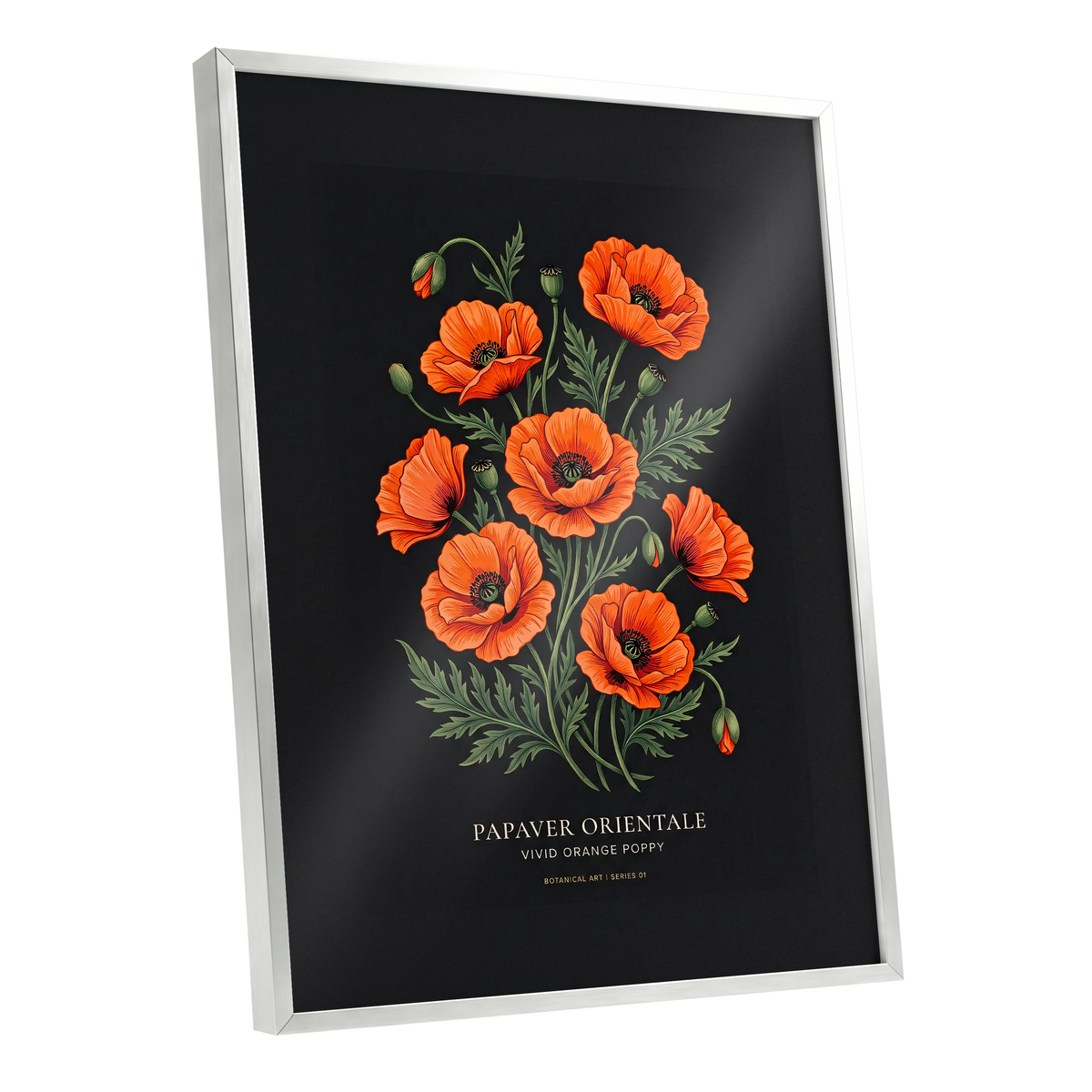 Poppies After Dark, black, green, orange floral wall art shown as a silver framed poster wall art print