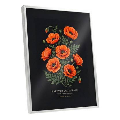 Poppies After Dark, black, green, orange floral wall art shown as a silver framed poster wall art print