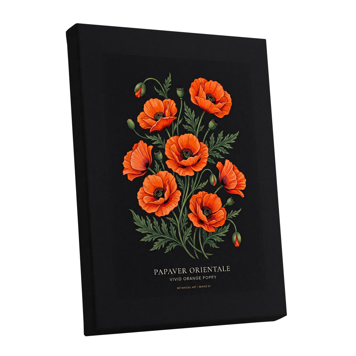 Poppies After Dark, black, green, orange floral wall art shown as a stretched canvas wall art