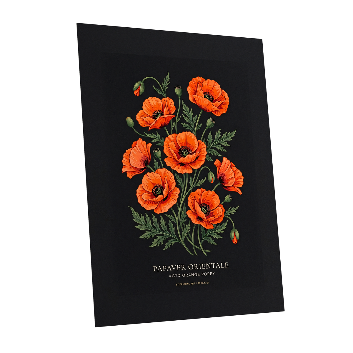 Poppies After Dark, black, green, orange floral wall art shown as a unframed poster wall art print
