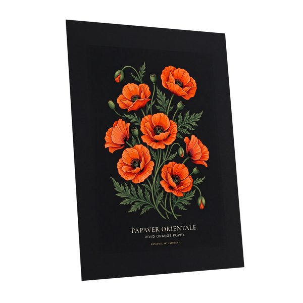 Poppies After Dark, black, green, orange floral wall art shown as a unframed poster wall art print