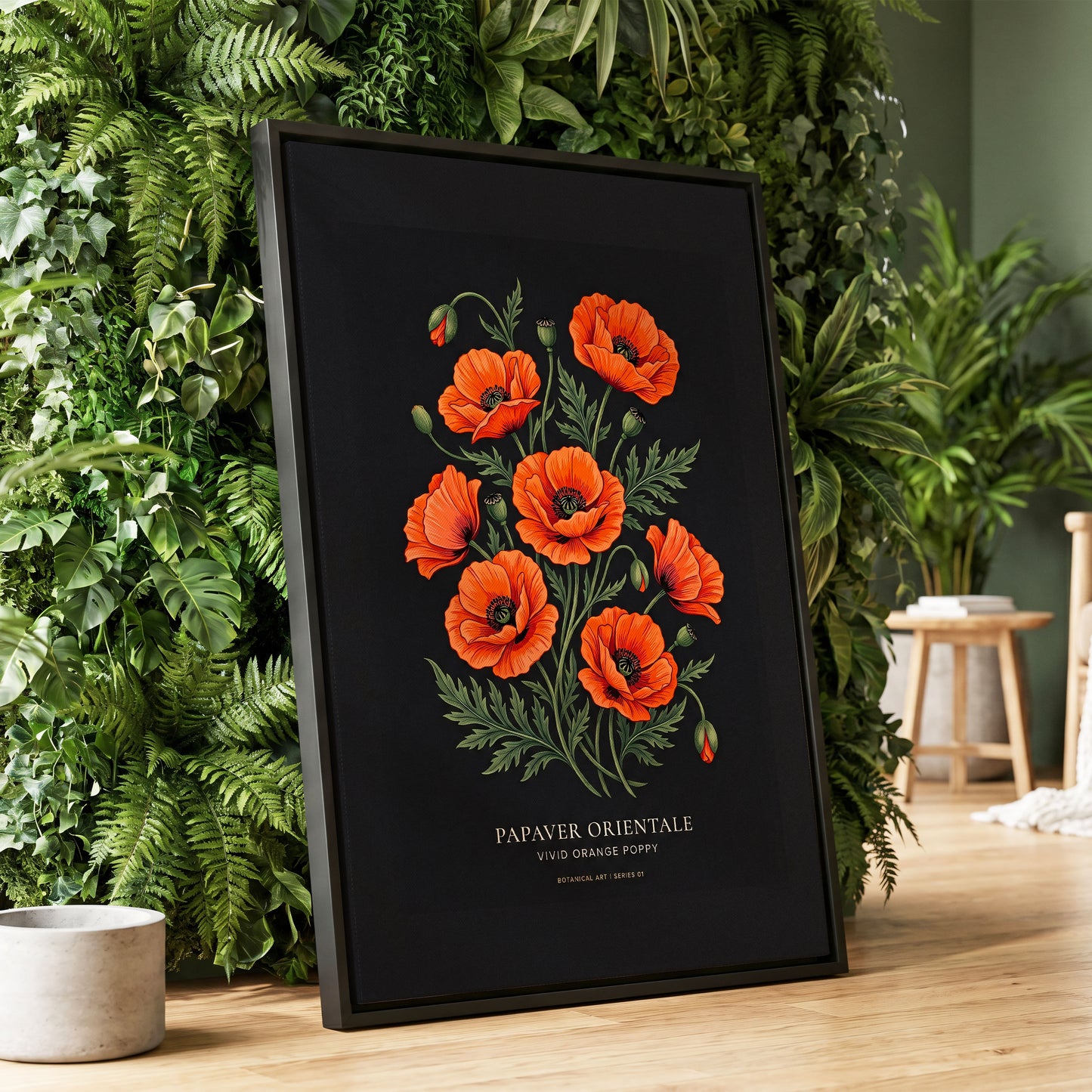 Poppies After Dark, black, green, orange floral wall art displayed in a styled interior, gallery view 1