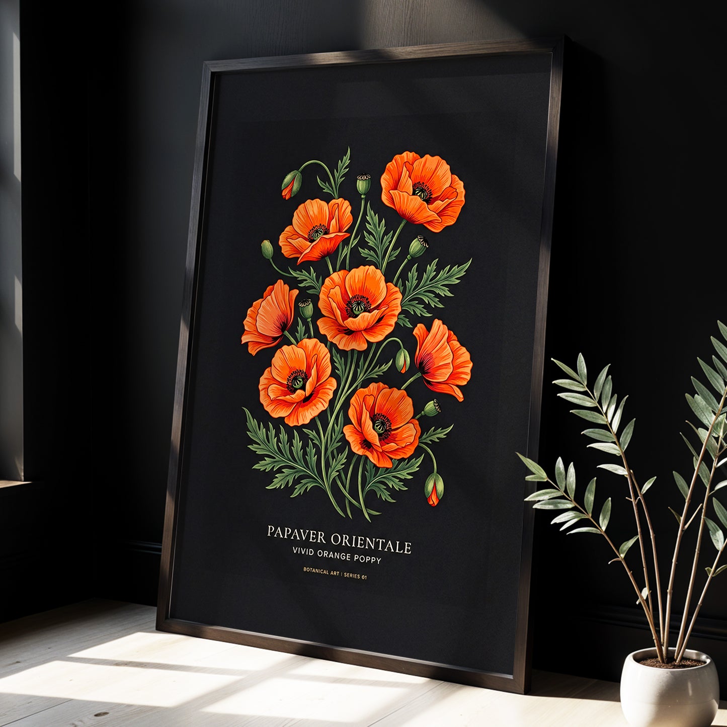 Poppies After Dark, black, green, orange floral wall art displayed in a styled interior, gallery view 2