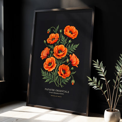 Poppies After Dark, black, green, orange floral wall art displayed in a styled interior, gallery view 2