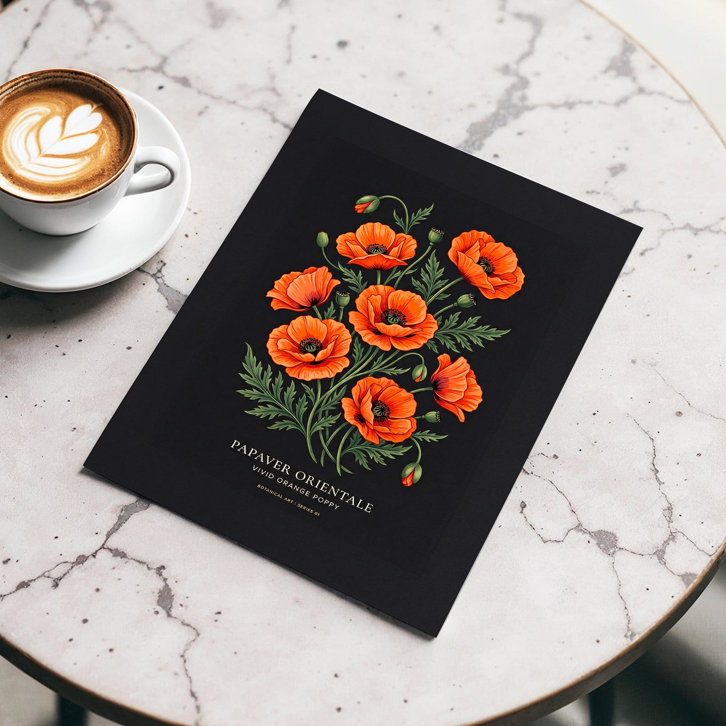 Poppies After Dark, black, green, orange floral wall art displayed in a styled interior, gallery view 3