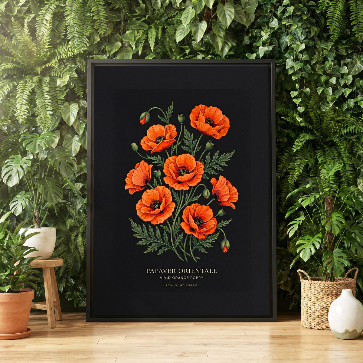 Poppies After Dark, black, green, orange floral wall art displayed in a styled interior, gallery view 4