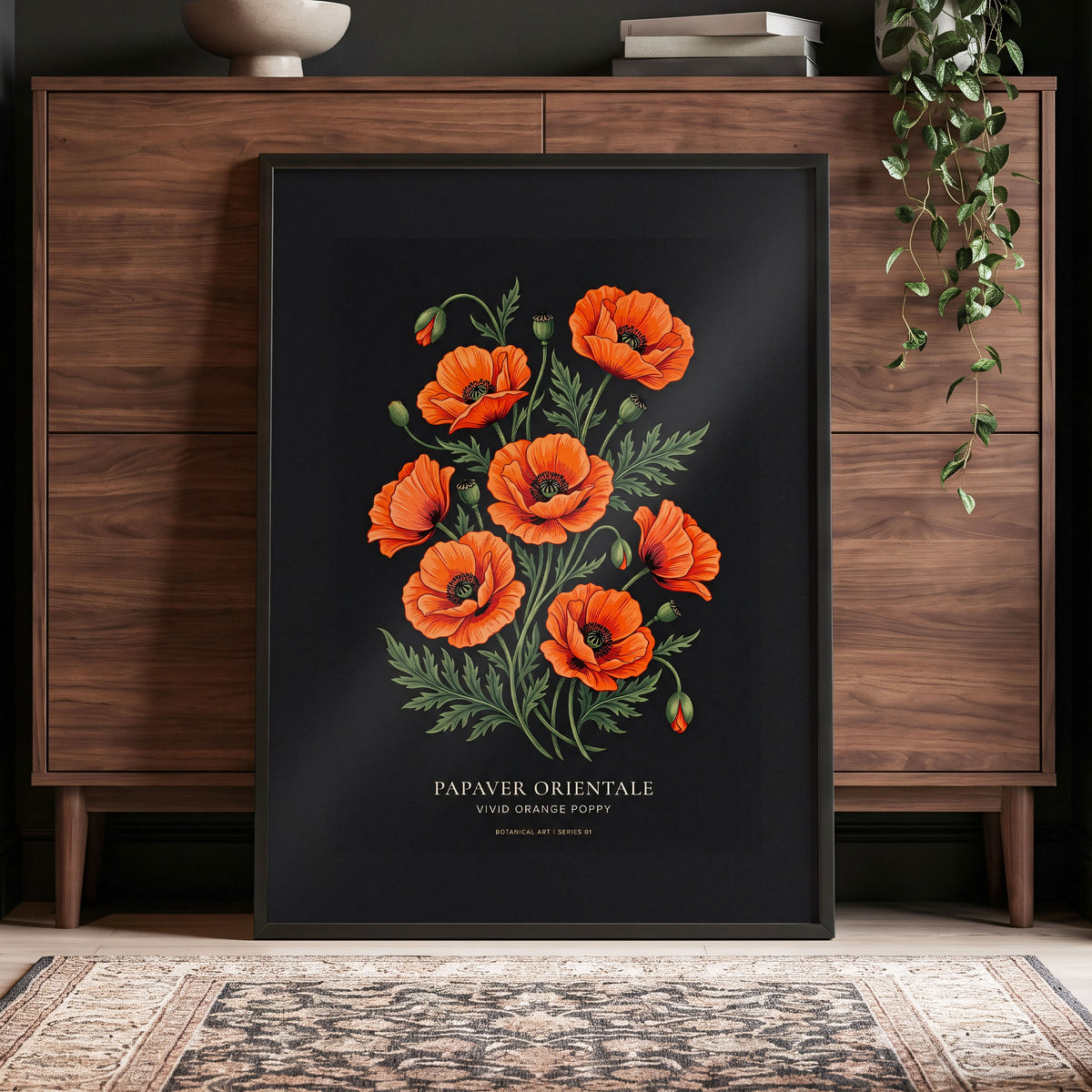 Poppies After Dark, black, green, orange floral wall art displayed in a styled interior, gallery view 5