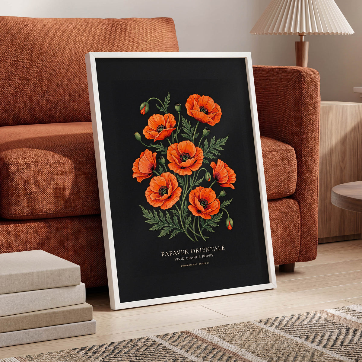 Poppies After Dark, black, green, orange floral wall art displayed in a styled interior, gallery view 6