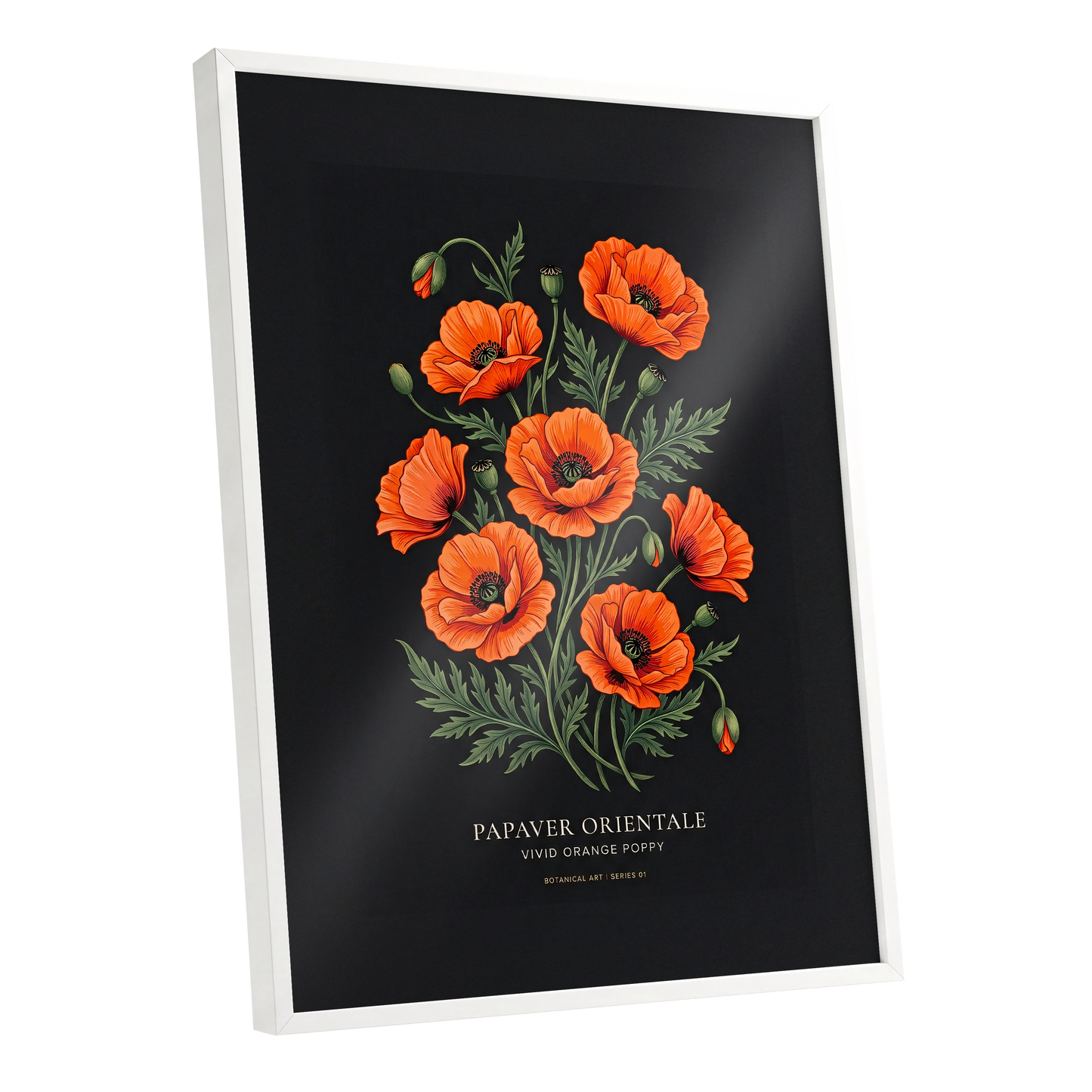 Poppies After Dark, black, green, orange floral wall art shown as a white framed poster wall art print