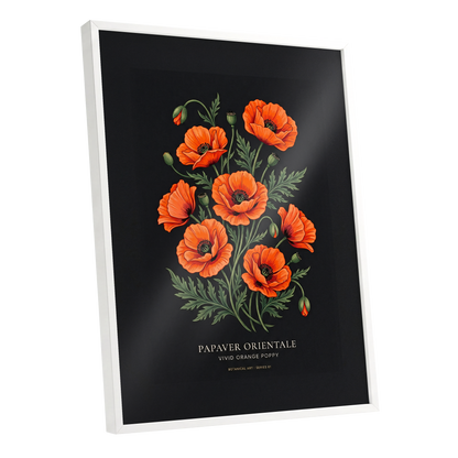 Poppies After Dark, black, green, orange floral wall art shown as a white framed poster wall art print