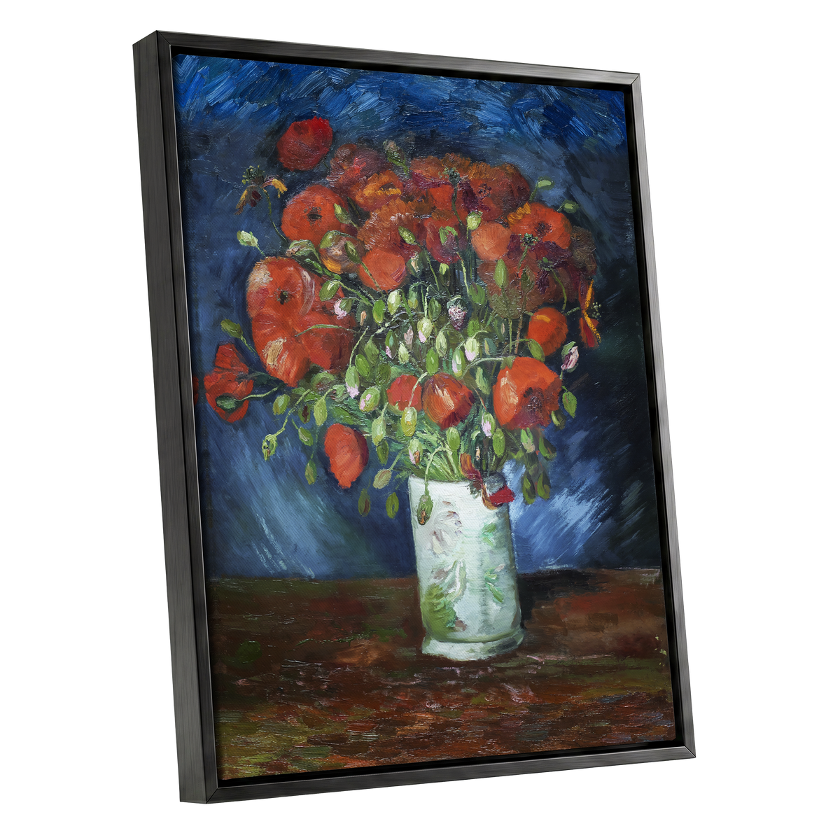 Poppies at Dusk, blue, orange, red floral wall art shown as a black framed canvas wall art