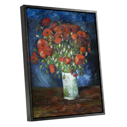 Poppies at Dusk, blue, orange, red floral wall art shown as a black framed canvas wall art
