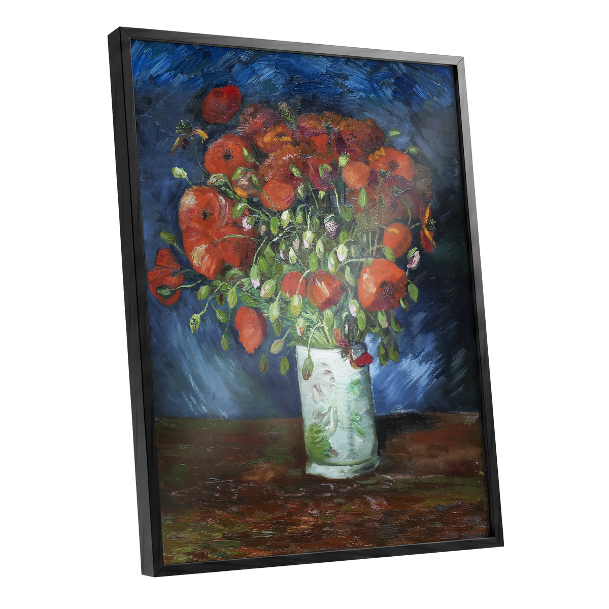 Poppies at Dusk, blue, orange, red floral wall art shown as a black framed poster wall art print