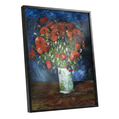Poppies at Dusk, blue, orange, red floral wall art shown as a black framed poster wall art print