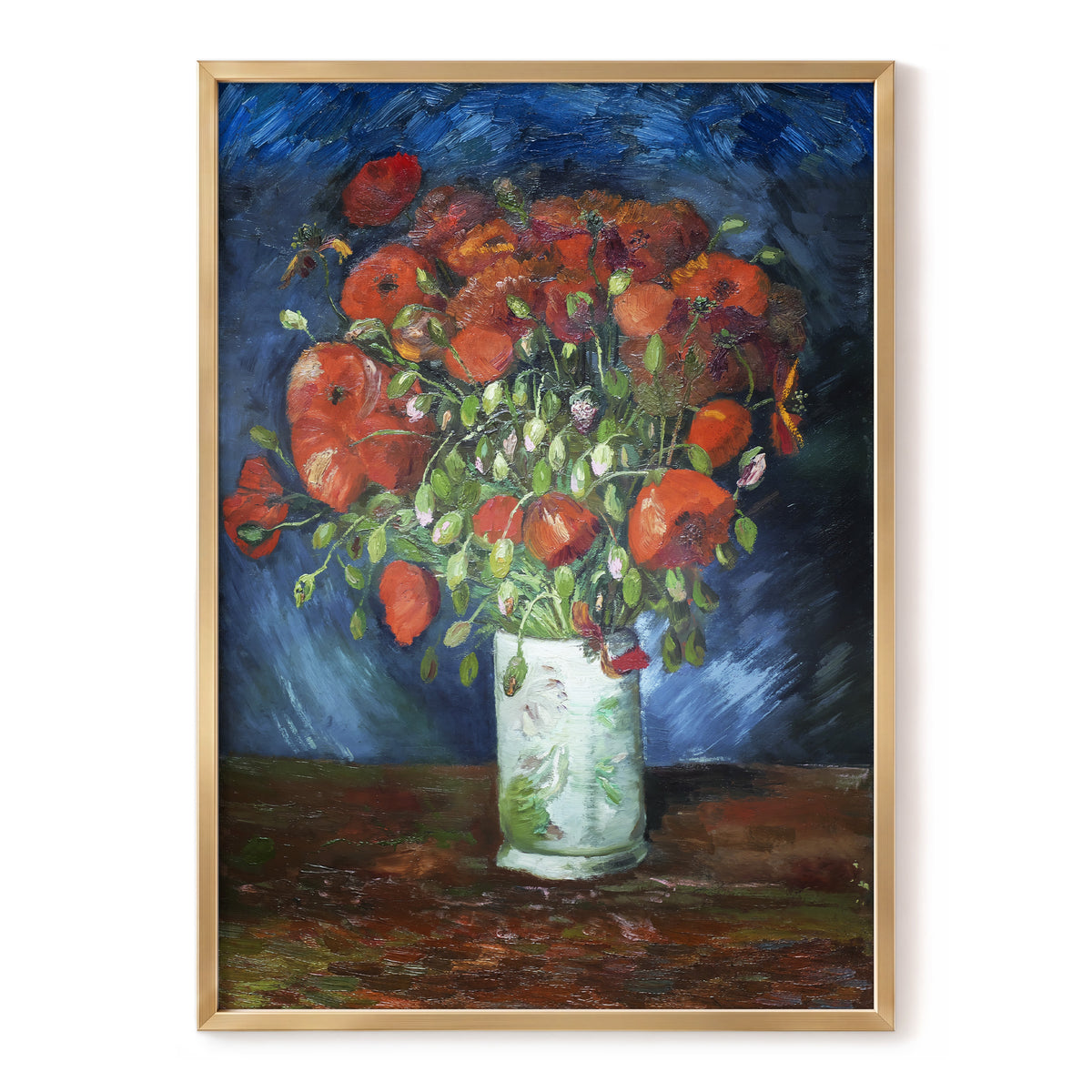 Poppies at Dusk, blue, orange, red floral wall art, front artwork view