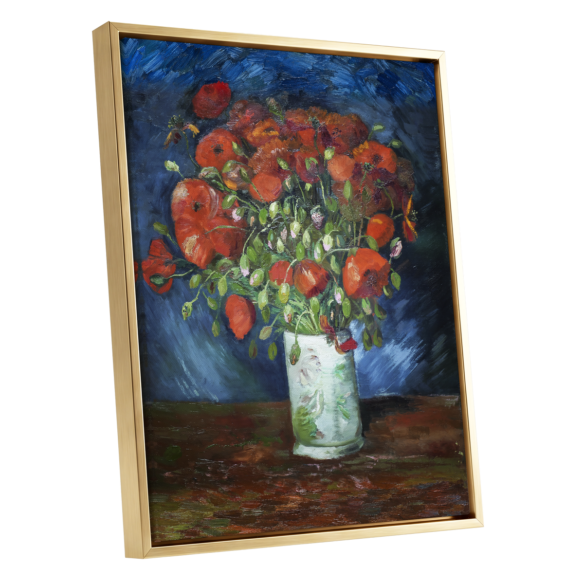 Poppies at Dusk, blue, orange, red floral wall art shown as a gold framed canvas wall art