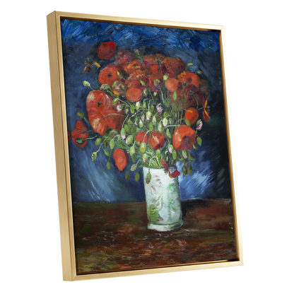 Poppies at Dusk, blue, orange, red floral wall art shown as a gold framed canvas wall art