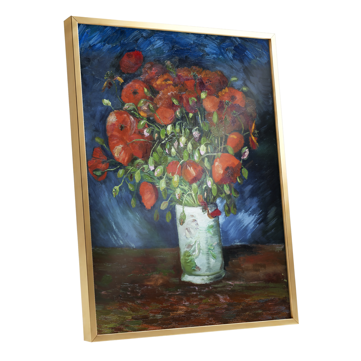 Poppies at Dusk, blue, orange, red floral wall art shown as a gold framed poster wall art print