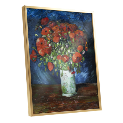 Poppies at Dusk, blue, orange, red floral wall art shown as a gold framed poster wall art print
