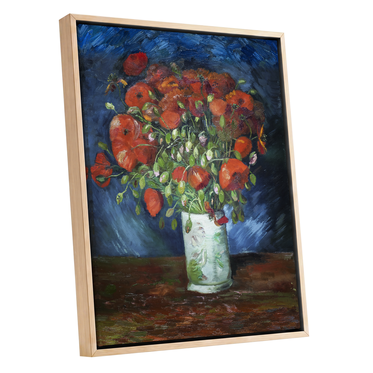 Poppies at Dusk, blue, orange, red floral wall art shown as a oak framed canvas wall art