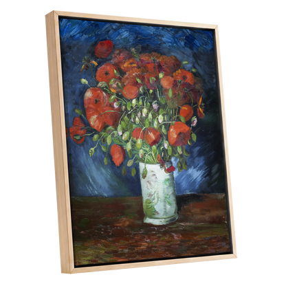 Poppies at Dusk, blue, orange, red floral wall art shown as a oak framed canvas wall art
