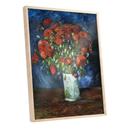 Poppies at Dusk, blue, orange, red floral wall art shown as a oak framed poster wall art print