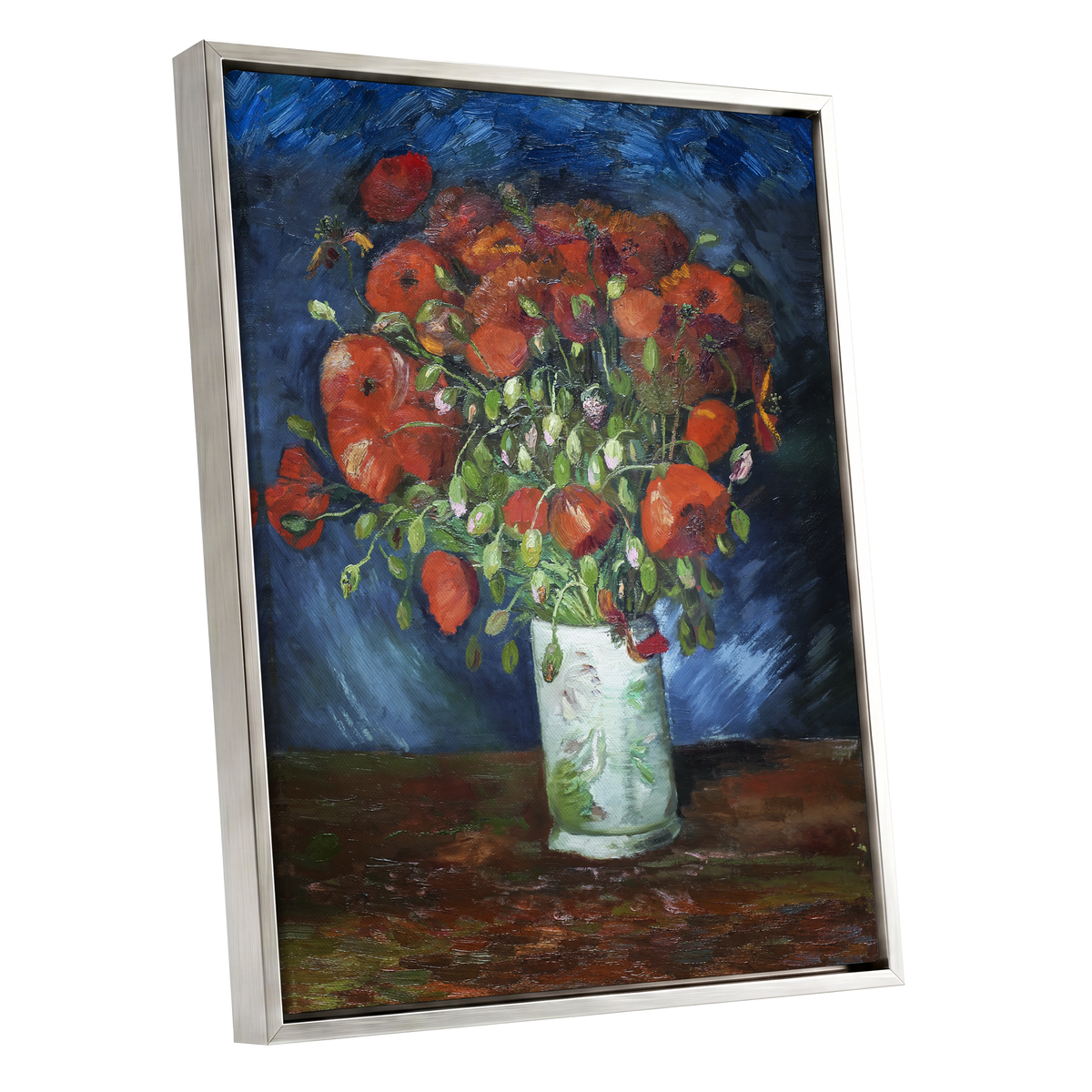 Poppies at Dusk, blue, orange, red floral wall art shown as a silver framed canvas wall art