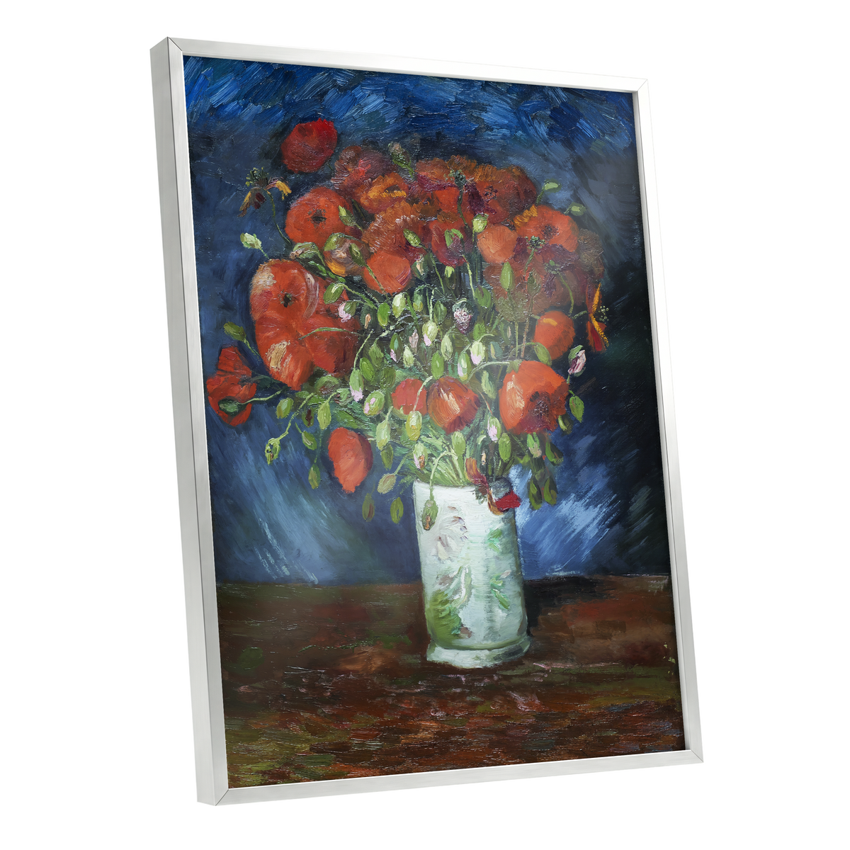Poppies at Dusk, blue, orange, red floral wall art shown as a silver framed poster wall art print