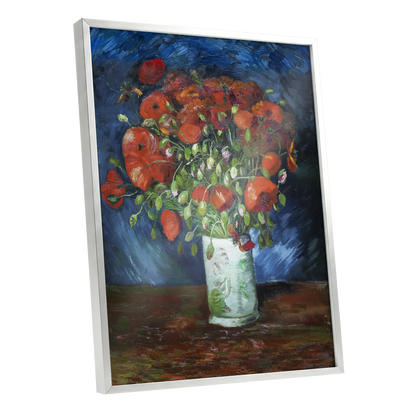 Poppies at Dusk, blue, orange, red floral wall art shown as a silver framed poster wall art print