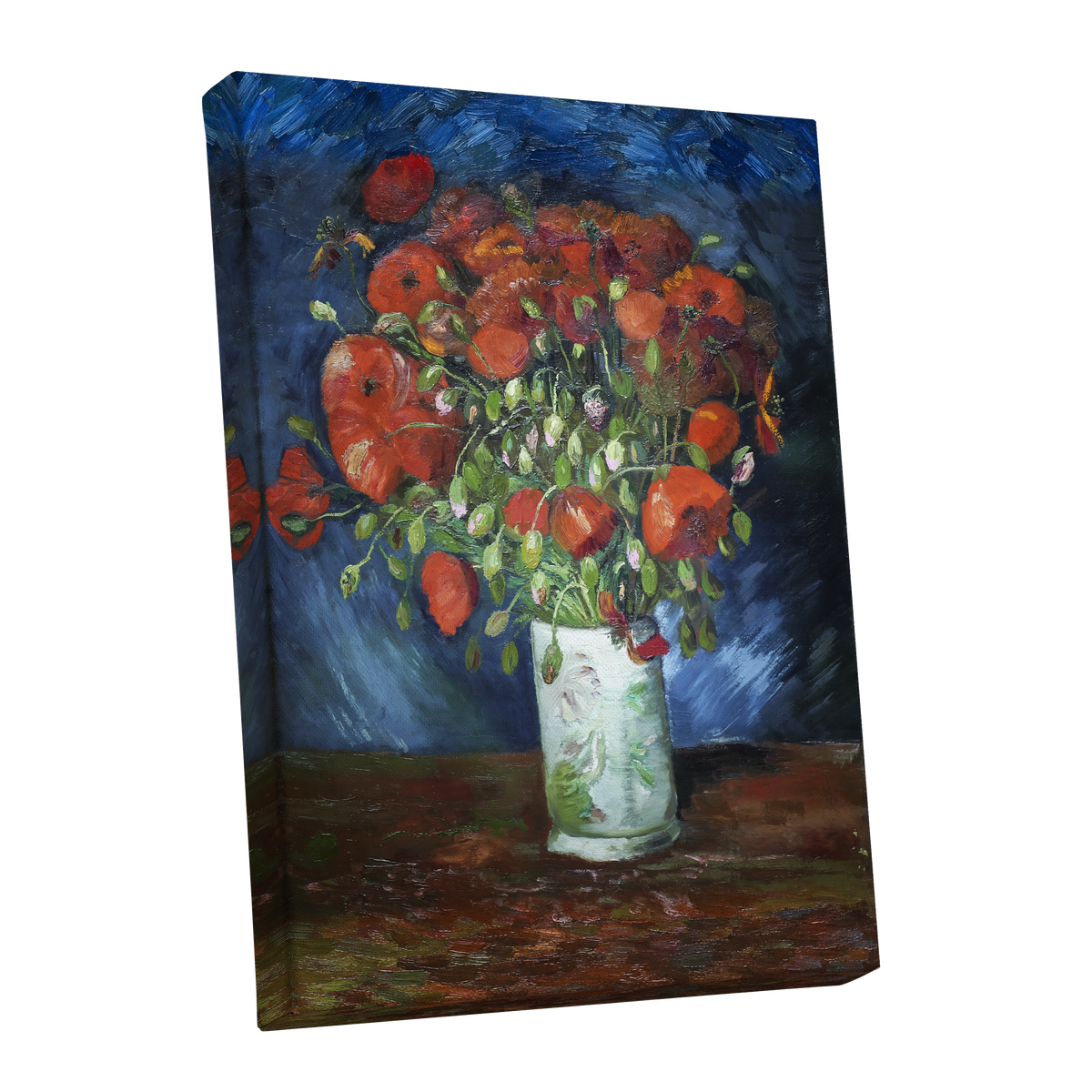 Poppies at Dusk, blue, orange, red floral wall art shown as a stretched canvas wall art