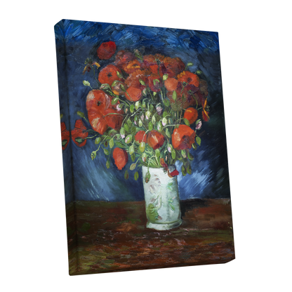 Poppies at Dusk, blue, orange, red floral wall art shown as a stretched canvas wall art