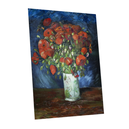 Poppies at Dusk, blue, orange, red floral wall art shown as a unframed poster wall art print