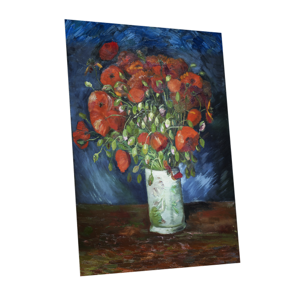 Poppies at Dusk, blue, orange, red floral wall art shown as a unframed poster wall art print