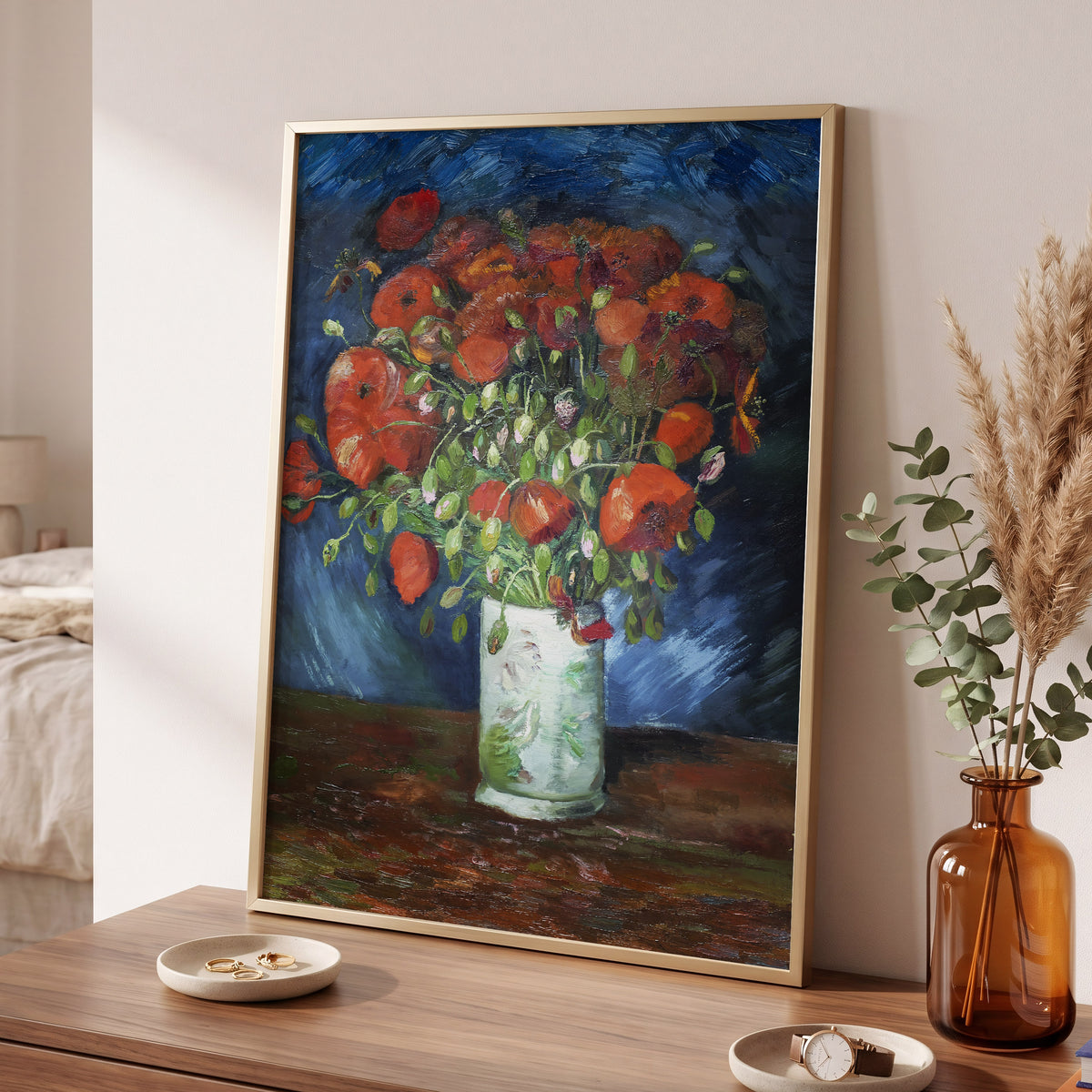 Poppies at Dusk, blue, orange, red floral wall art displayed in a styled interior, gallery view 2