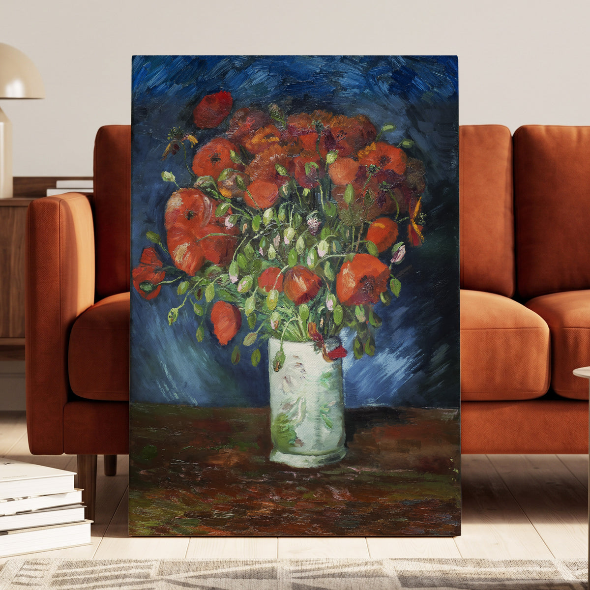Poppies at Dusk, blue, orange, red floral wall art displayed in a styled interior, gallery view 3