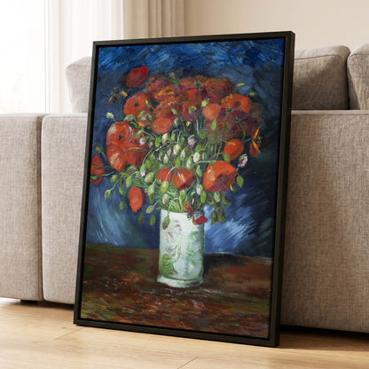 Poppies at Dusk, blue, orange, red floral wall art displayed in a styled interior, gallery view 4