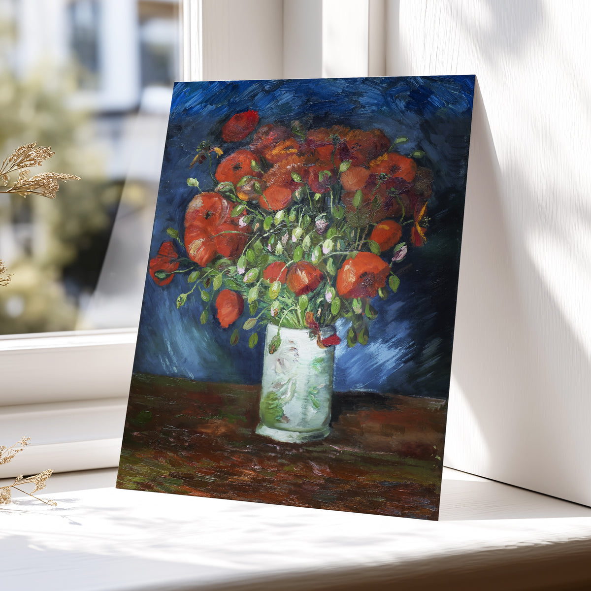 Poppies at Dusk, blue, orange, red floral wall art displayed in a styled interior, gallery view 5