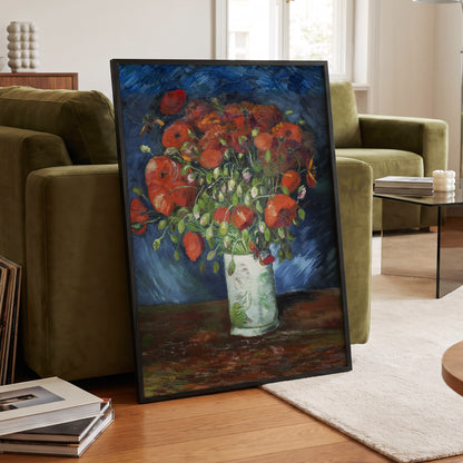 Poppies at Dusk, blue, orange, red floral wall art displayed in a styled interior, gallery view 6