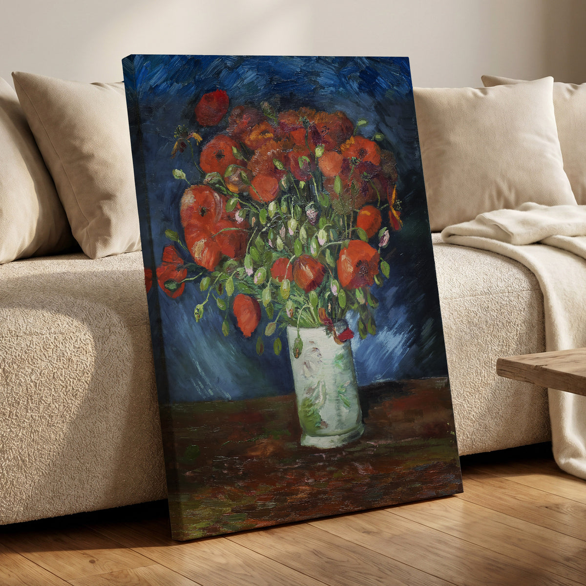 Poppies at Dusk, blue, orange, red floral wall art displayed in a styled interior, gallery view 7